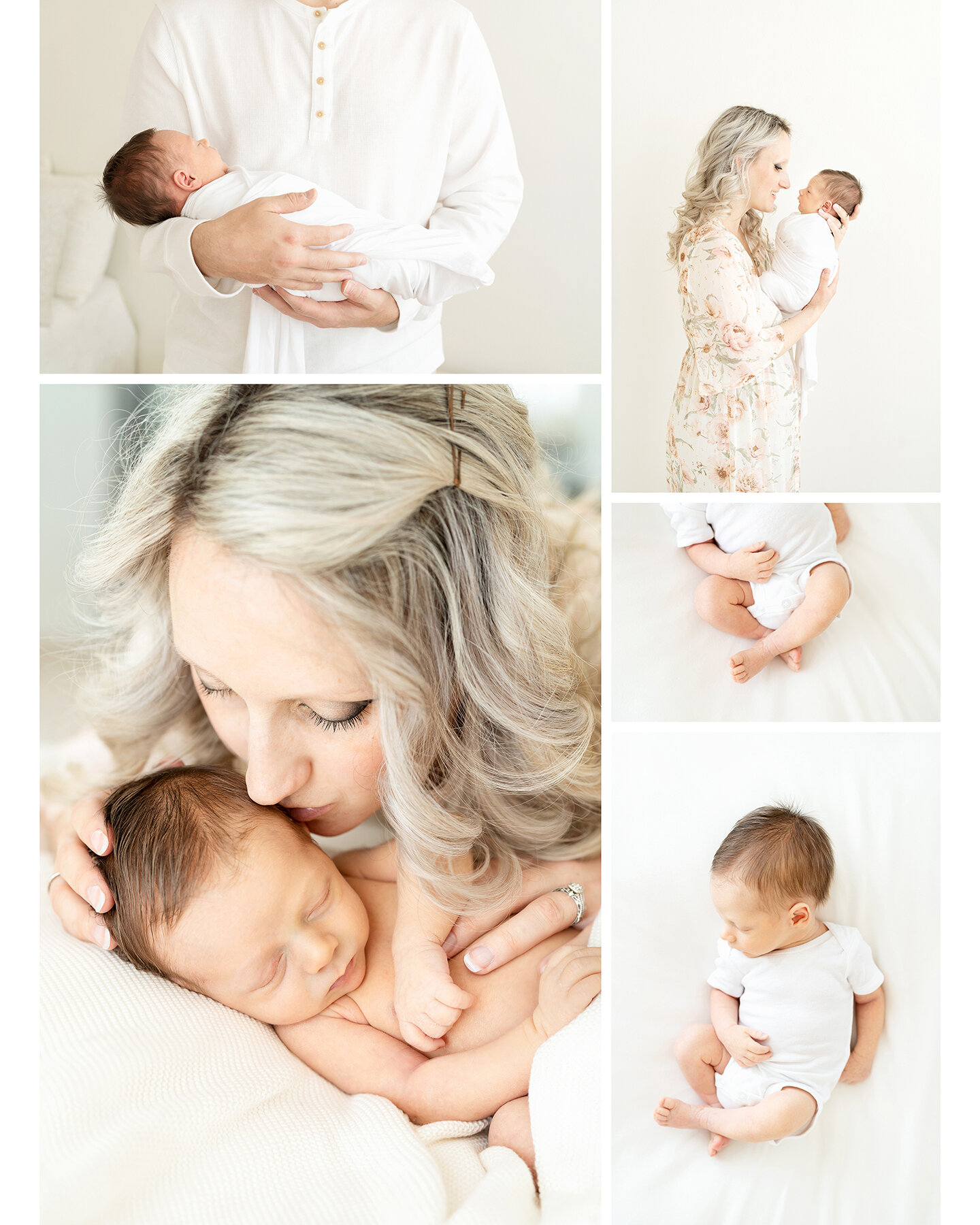 newborn photo collage showing sleeping baby in onsie, mom kissing baby boy, dad holding baby boy during newborn photo shoot in Louisville Ky - Julie Brock Photography.