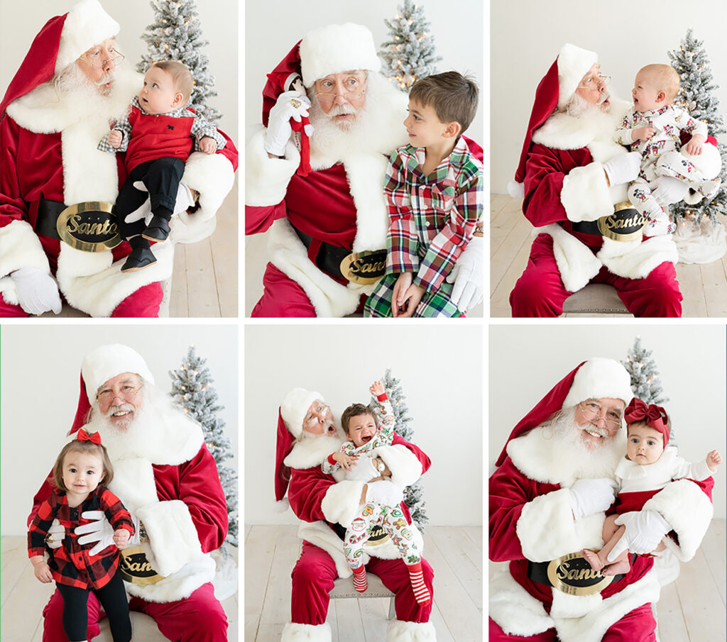 collage of funny Santa photos - children laughing, crying, smiling with Santa Louisville KY