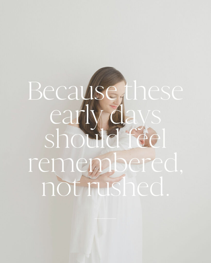 Text graphic describing a guided newborn photography experience in Louisville KY that includes wardrobe for moms, session planning, and support throughout the process.